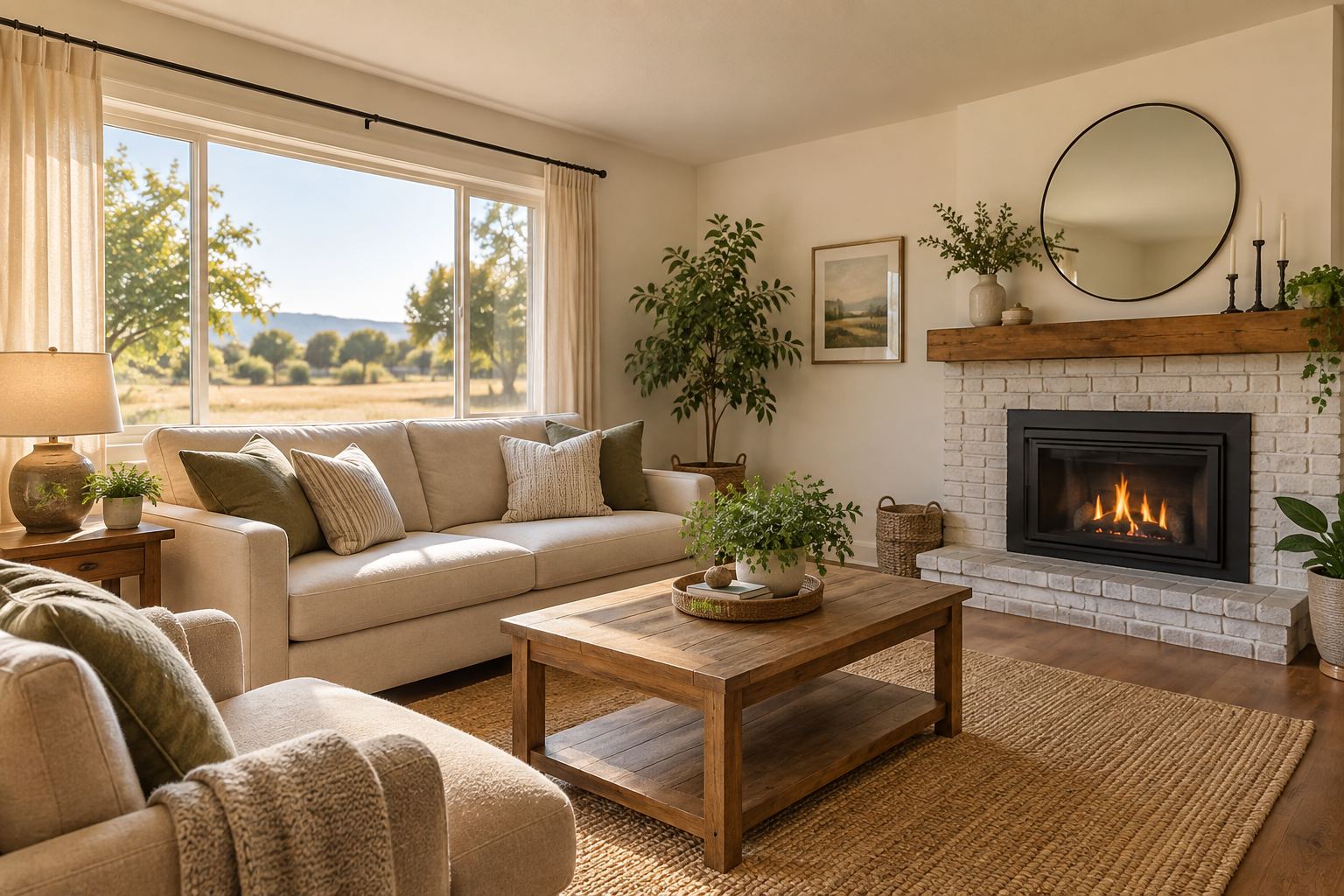 A bright Central Valley, California living room, illustrative